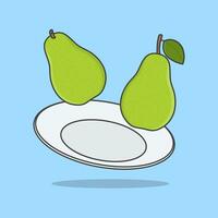 Green Pear Fruit On A Plate Cartoon Vector Illustration. Pear Fruit Flat Icon Outline