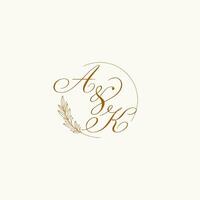 Initials AK wedding monogram logo with leaves and elegant circular lines vector