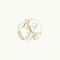 iniciales bk Boda monograma logo con hojas y elegante circular líneas vector