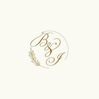 Initials BI wedding monogram logo with leaves and elegant circular lines vector