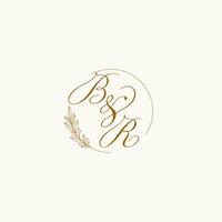 Initials BR wedding monogram logo with leaves and elegant circular lines vector