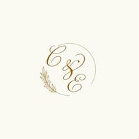 Initials CE wedding monogram logo with leaves and elegant circular lines vector