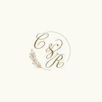 Initials CR wedding monogram logo with leaves and elegant circular lines vector