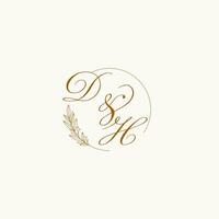 Initials DH wedding monogram logo with leaves and elegant circular lines vector