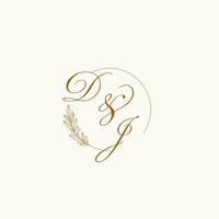 Initials DJ wedding monogram logo with leaves and elegant circular lines vector