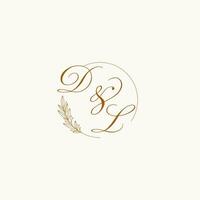 Initials DL wedding monogram logo with leaves and elegant circular lines vector