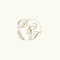 Initials DT wedding monogram logo with leaves and elegant circular lines vector