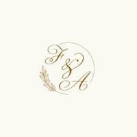 Initials FA wedding monogram logo with leaves and elegant circular lines vector