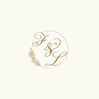 Initials FL wedding monogram logo with leaves and elegant circular lines vector