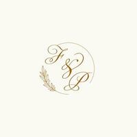 Initials FP wedding monogram logo with leaves and elegant circular lines vector
