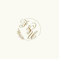 Initials FU wedding monogram logo with leaves and elegant circular lines vector