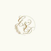 Initials GD wedding monogram logo with leaves and elegant circular lines vector