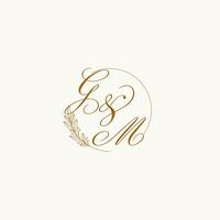 Initials GM wedding monogram logo with leaves and elegant circular lines vector