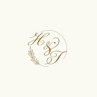 Initials HT wedding monogram logo with leaves and elegant circular lines vector