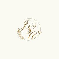 Initials JW wedding monogram logo with leaves and elegant circular lines vector