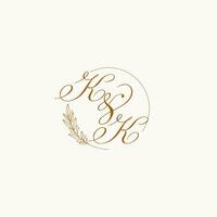 Initials KK wedding monogram logo with leaves and elegant circular lines vector