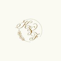 Initials KF wedding monogram logo with leaves and elegant circular lines vector