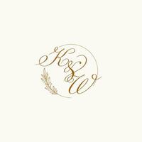 Initials KW wedding monogram logo with leaves and elegant circular lines vector