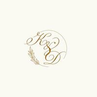 Initials KD wedding monogram logo with leaves and elegant circular lines vector