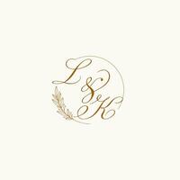 Initials LK wedding monogram logo with leaves and elegant circular lines vector