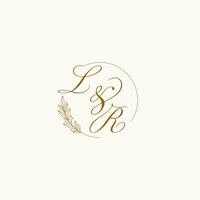 Initials LR wedding monogram logo with leaves and elegant circular lines vector