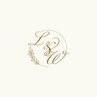 Initials LW wedding monogram logo with leaves and elegant circular lines vector