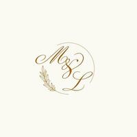 Initials ML wedding monogram logo with leaves and elegant circular lines vector