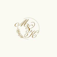 Initials MK wedding monogram logo with leaves and elegant circular lines vector