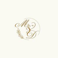 Initials MD wedding monogram logo with leaves and elegant circular lines vector