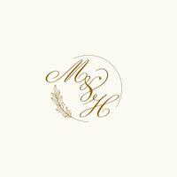 Initials MH wedding monogram logo with leaves and elegant circular lines vector