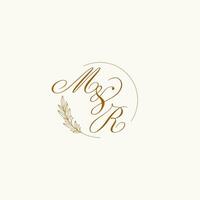 Initials MR wedding monogram logo with leaves and elegant circular lines vector