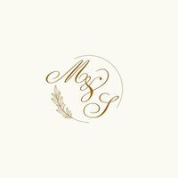 Initials MS wedding monogram logo with leaves and elegant circular lines vector