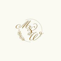 Initials MW wedding monogram logo with leaves and elegant circular lines vector