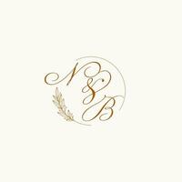 Initials NB wedding monogram logo with leaves and elegant circular lines vector