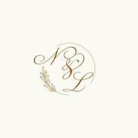 Initials NL wedding monogram logo with leaves and elegant circular lines vector