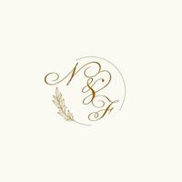Initials NF wedding monogram logo with leaves and elegant circular lines vector