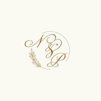 Initials NP wedding monogram logo with leaves and elegant circular lines vector