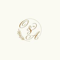 Initials OA wedding monogram logo with leaves and elegant circular lines vector