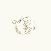 Initials NW wedding monogram logo with leaves and elegant circular lines vector