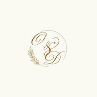Initials OD wedding monogram logo with leaves and elegant circular lines vector