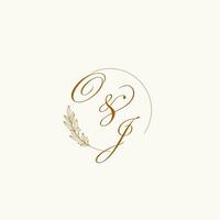 Initials OJ wedding monogram logo with leaves and elegant circular lines vector