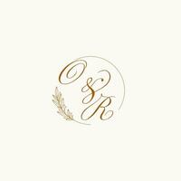 Initials OR wedding monogram logo with leaves and elegant circular lines vector
