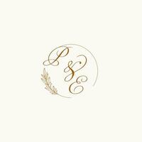 Initials PE wedding monogram logo with leaves and elegant circular lines vector