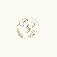 Initials PF wedding monogram logo with leaves and elegant circular lines vector