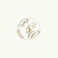 Initials PW wedding monogram logo with leaves and elegant circular lines vector