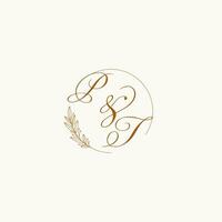 Initials PT wedding monogram logo with leaves and elegant circular lines vector