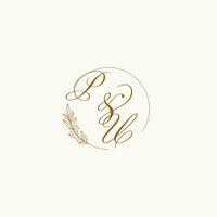 Initials PU wedding monogram logo with leaves and elegant circular lines vector