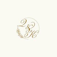 Initials QK wedding monogram logo with leaves and elegant circular lines vector