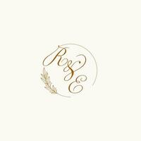 Initials RE wedding monogram logo with leaves and elegant circular lines vector