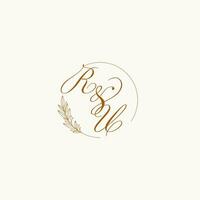 Initials RU wedding monogram logo with leaves and elegant circular lines vector